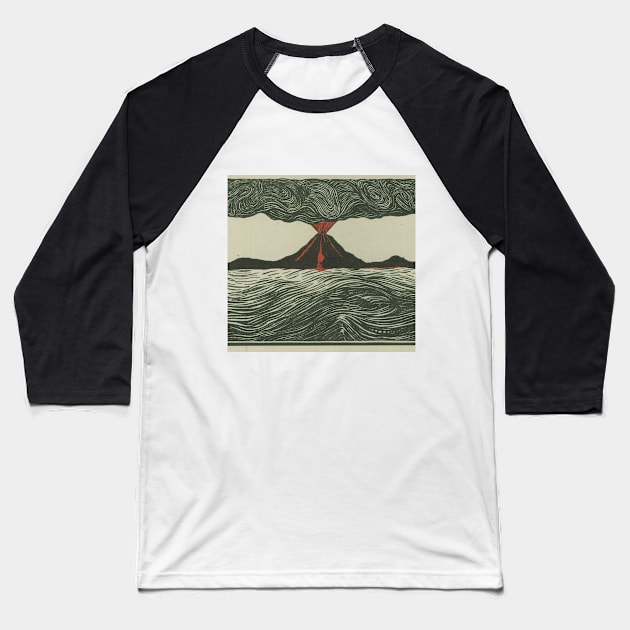 Volcano Woodcut Baseball T-Shirt by bluespecsstudio